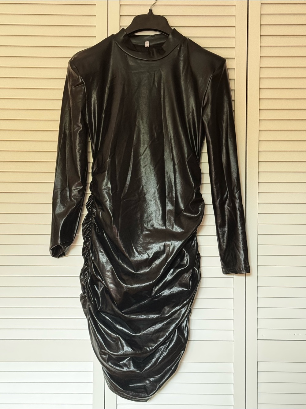 Black Faux-Leather Ruched Long-Sleeve Dress Size Large
